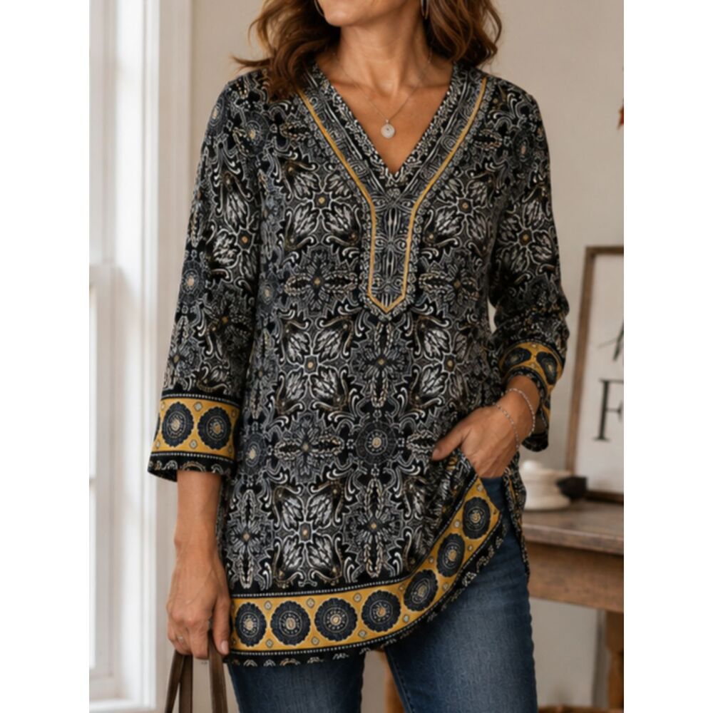 JM Collection XL Black Gold Paisley Rhinestone Tunic Top 3/4 Sleeve Boho